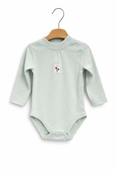 Caramell Baby Girl Love Print Bodysuit with High Collar 3-18 Months Green
