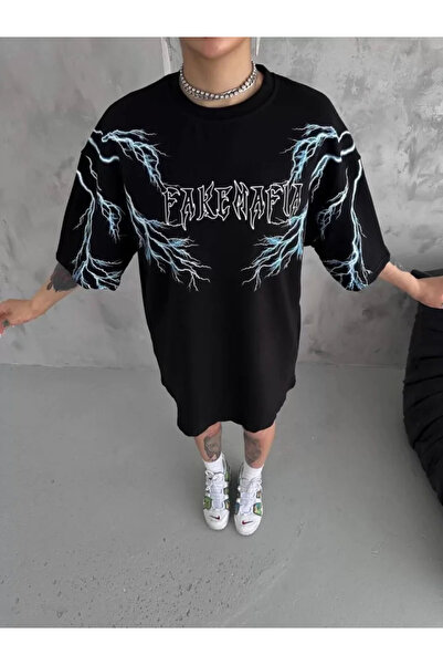 Efnaz style Unisex Crew Neck Printed Oversize T-Shirt - Black