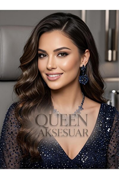 QUEEN AKSESUAR Sultana Şemsi Safir mavi Kristal Taşlı Yıldız Motif Sallantılı...