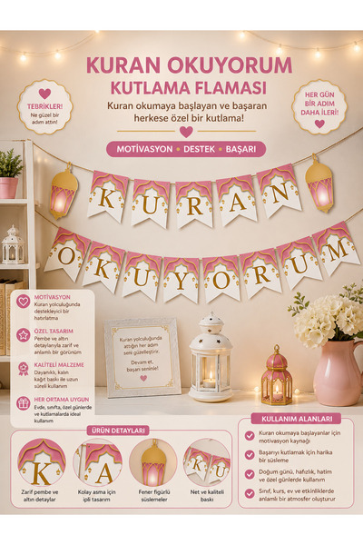 Gülfa Giftbox Kuran Okuyorum Yazılı Banner Flama Manevi Başarı Kutlama Süsü P...