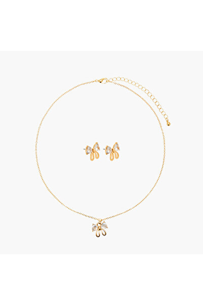 Lifestyle Set of 2 - Cubic Zirconia Stone Embellished Bow Necklace and Earrings