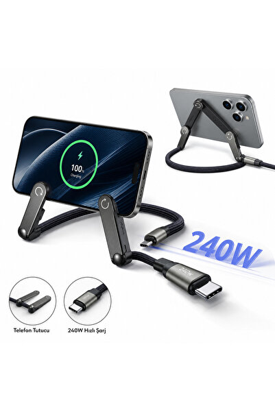 teknosepetim 240W Hızlı Şarj Kablou Telefon Tutuculu Standlı Örgülü 1.5mT Dat...