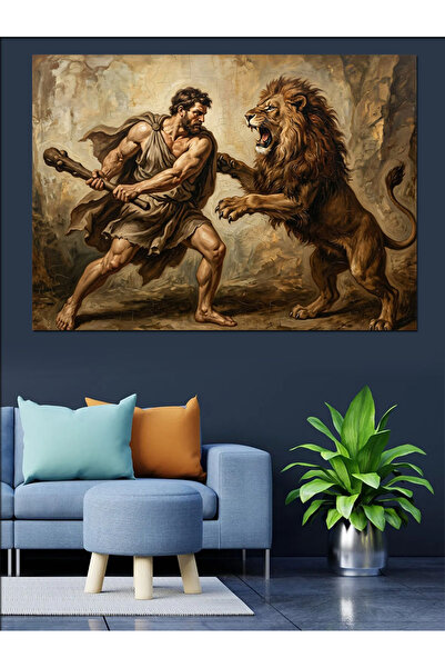 Artmeg Ancient Greek Warrior Fighting Lion Decorative Canvas - Mdf Wood Painting