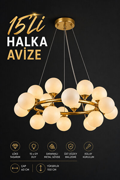 Elvora Home Modern (PREMİUM) Gold Halka Avize 15’li Opal Küre Sarkıt Salon Av...
