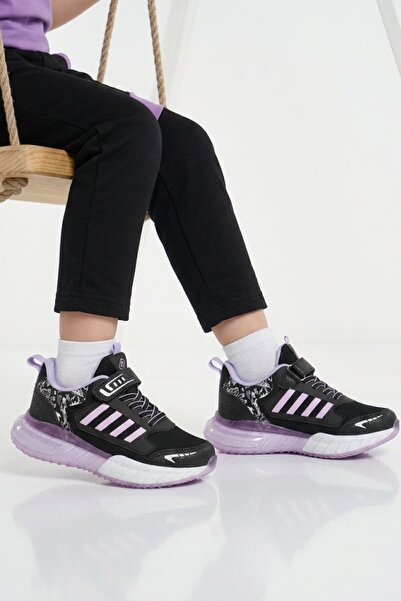 Lafonten Black Lilac Velcro Mesh Girls' Sports Shoes
