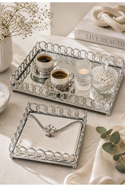 Yavuzhan Metal Silver Framed Mirrored Decorative Tray (20X30) and Napkin Hold...