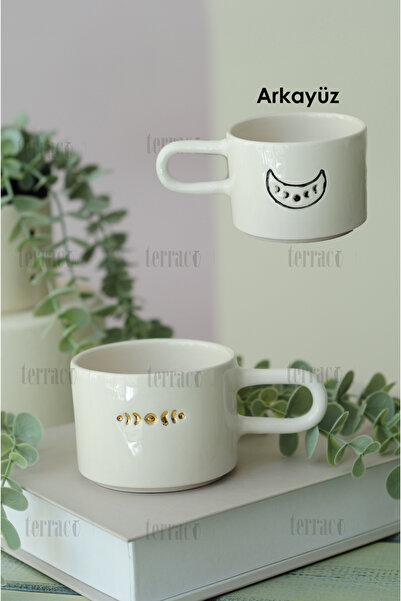 terraco ceramic Altın Detaylı El Yapımı Seramik Kupa Çift Yönlü Ay Evreleri