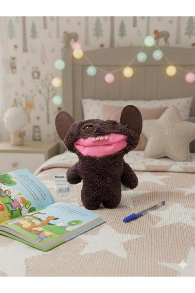 TIGOES Fuggler Squidge Peluş Canavar 25 cm Dişlek Gülümsemeli Kahverengi Yarasa Kulaklı Komik Uyku Arkadaşı