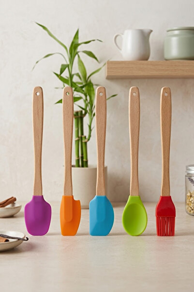 Kitchen Life مجموعة أدوات المطبخ المكونة من 5 قطع من السيليكون والخيزران - مج...