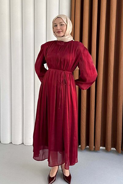 Modaensarbutik Balon Kol Pile Detay Organze Şifon Tesettür Elbise-BORDO