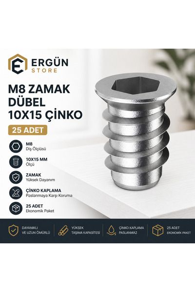 Ergün Store Metal Düz Dişli Dübel Ahşap Dübeli M8 10X15 Diş Çinko Mobilya Bağ...