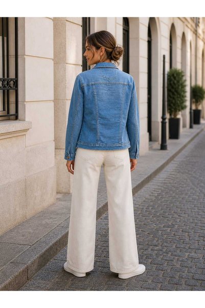 Butik Şans Women's Lycra Blue Denim Jeans Jacket with Pocket Detail