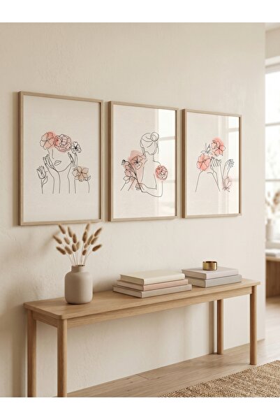 DEKORASOR 3’lü Minimalist Kadın ve Çiçek Figürlü Line Art Tablo Seti - Bohem ...