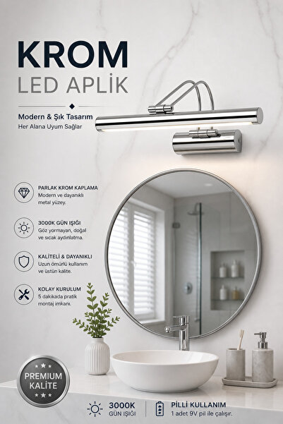 luxshome Pilli Krom LED Duvar Apliği 3000K Gün Işığı Ayna Üstü Banyo Aydınlat...