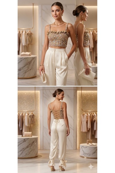 MİRİLİA Pullu İnce Askılı Crop Bluz