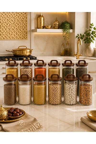 Durina Living 12-Piece Glass Bean Jar Set 1300 ml Vacuum Cylinder Set with Na...
