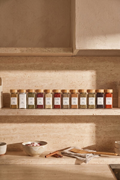 Sevinse Home Natura 12’li Bambu Kapaklı Baharatlık Seti 120 mL - 16 Adet Etiket