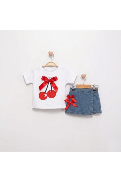 Bulut Sezen Alt Top- Cherry Printed Bow Detailed Denim Set 2-Piece- Girls- Wh...