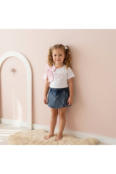 Bulut Sezen Alt Top-Ribbon Detailed Denim Set 2-Piece - Girls - Pink White
