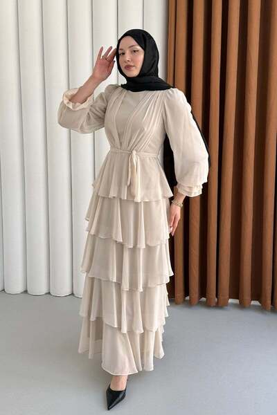 Modaensarbutik Şifon Kumaş Kat Katlı Tesettür Elbise-TAŞ