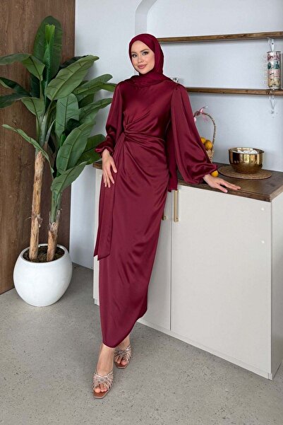 Hazamoda Hasret Satin Evening Dress Burgundy