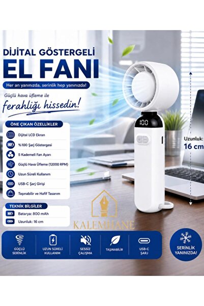 kalemhane Dijital Göstergeli 5 Kademeli Hareketli Başlık El Fanı Beyaz