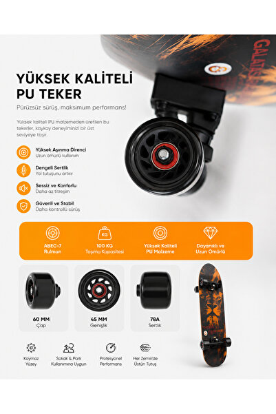 MUBX Galatasaray Lisanslı Kaykay 81 CM ABEC-7 Profesyonel Skateboard