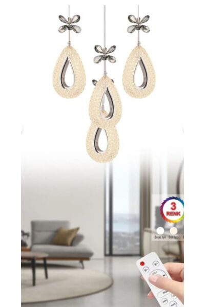 ILGAZ AYDINLATMA DAMLA 4 LÜ GÜMÜŞ 3 RENK LEDLİ KUMANDALI MODERN SARKIT LED AVİZE