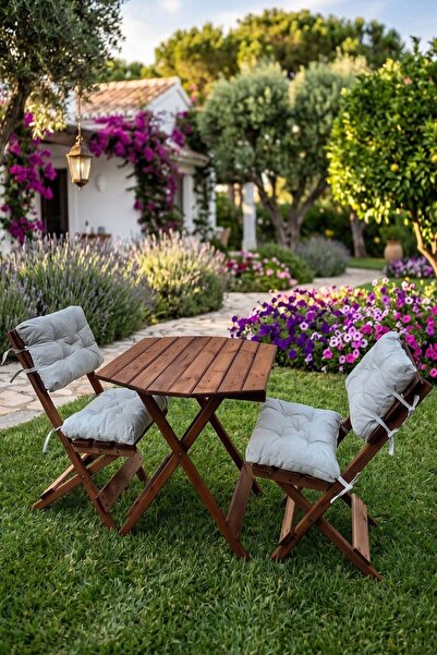 Reyo Premium 3'lü Ahşap Balkon Bahçe Seti – Minderli Katlanır Bistro Masa San...