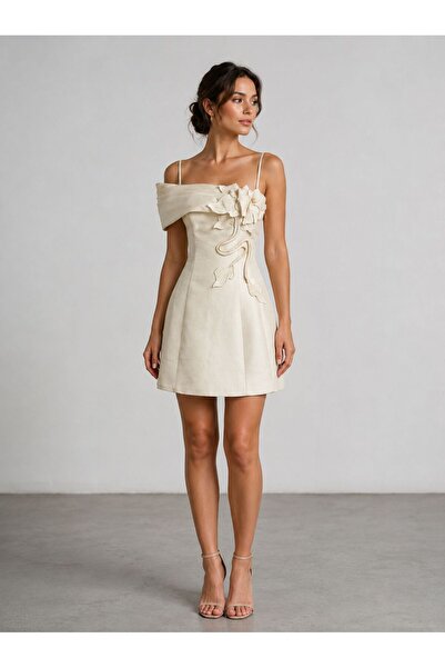 Luna Bride Yaka Detaylı Bej Mini Elbise