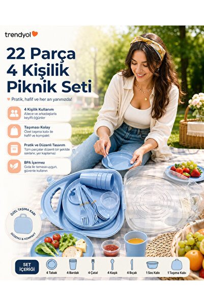 biedda 22 Parça 4 Kişilik Piknik Seti Taşıma Çantalı Tabak Bardak Çatal Kaşık...