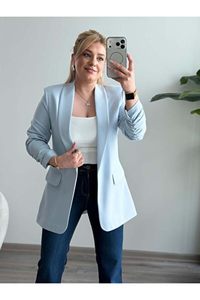 MELTEM TUĞAN Düğmesiz Astarlı Kolu Büzgülü Blazer Ceket AÇIK MAVİ