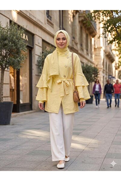 ÇALIŞKAN MODA FIRFIR KATLI KOLLU DİK YAKA KUŞAKLI SALAŞ TESETTUR TUNİK [75 cm...