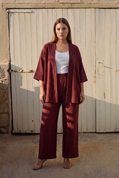 şuranur Comfortable Fit Wrinkled Fabric Trouser Suit Kimono