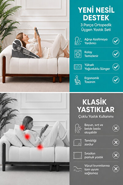Dizanor Ortopedik Üçgen Yastık Seti 3 Parça Sırt Bel Boyun Destek Minderi Ayarlanabilir Yıkanabilir Kılıflı