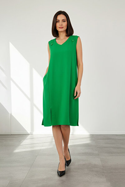 LAbute Women's Linen V-Neck Shoulder Button Detailed Slit Plus Size Dress