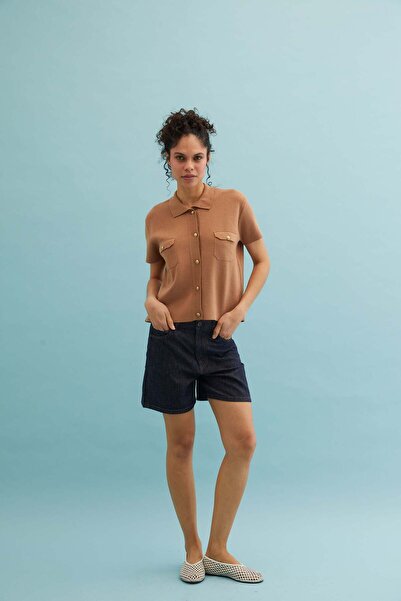 Silk and Cashmere Bej Katia Polo Yaka Kısa Kollu Hırka