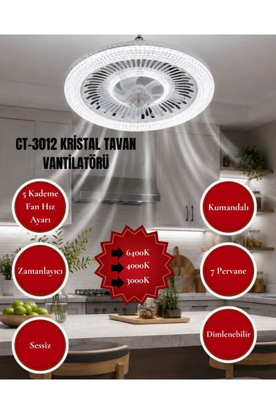 Cata CT-3012 Kristal Led Tavan Vantilatörü