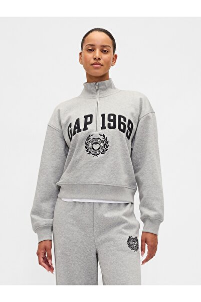 GAP Kadın Gri VintageSoft 1969 Logo Yarım Fermuarlı Sweatshirt