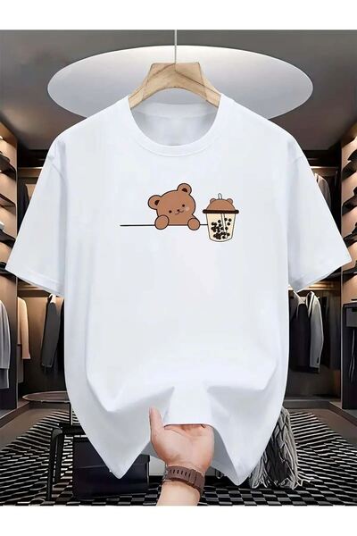 Rokeby Tricou alb unisex cu guler rotund, din bumbac, cu imprimeu Teddy Bear