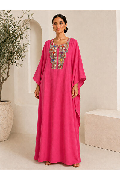 Marever Fashion Fuşya Taş İşlemeli Premium Keten Kaftan Elbise – Salaş Kesim ...