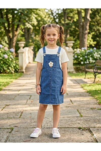 SÜSLÜ KİDS Girl's Stylish Denim Salopet T-Shirt Set