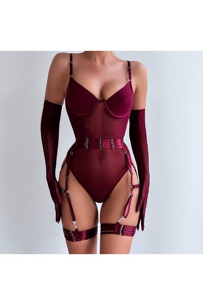 Bernato Bordo Velvet Touch Eldivenli Fantazi Body Jartiyer Takımı