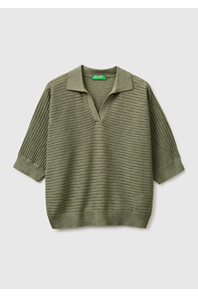 United Colors of Benetton Women's Khaki Cotton-Linen Blended Textured Polo Co...