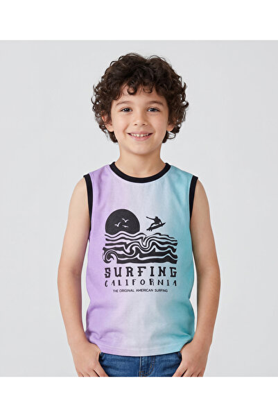 Pine kids Cotton Knit Sleeveless T-Shirt with Text Print - Light Blue