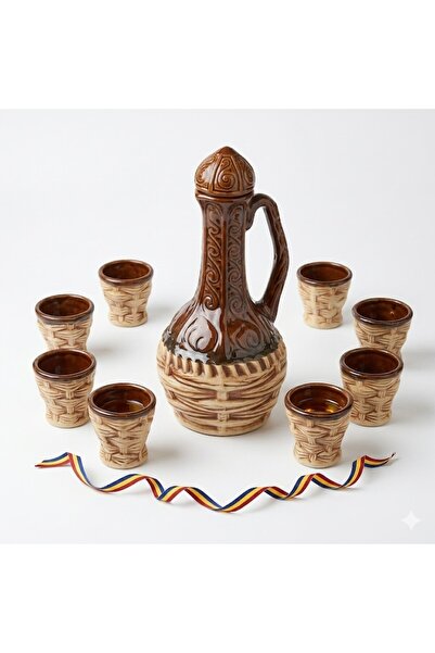 LimArt Set tradițional de băuturi din ceramică, Model „Rustic Braid”, 7 piese...