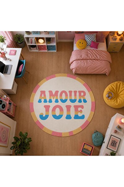 Rugs Modern Halı "Aura" Serisi - Amour Joie Yazılı Retro Yuvarlak Krem Pembe ...
