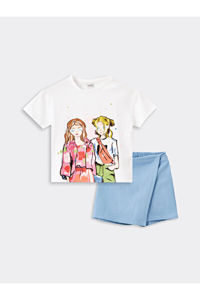 LC Waikiki Tricou de fată cu guler rotund, imprimat, cu mânecă scurtă și fust...