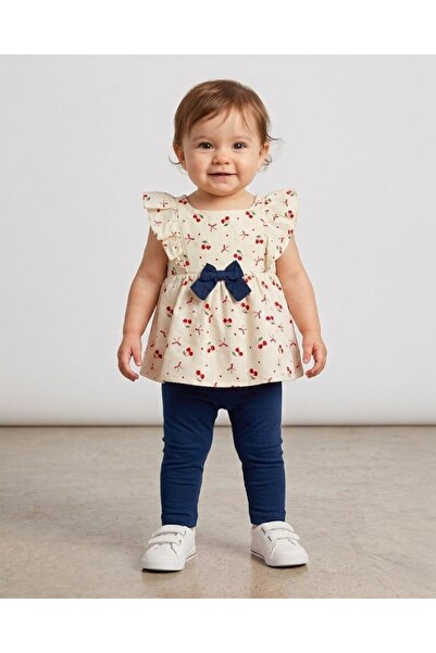 VOY KİDS Baby Girl Summer Cherry Printed Muslin Blouse and Leggings 1-2-3 Yea...