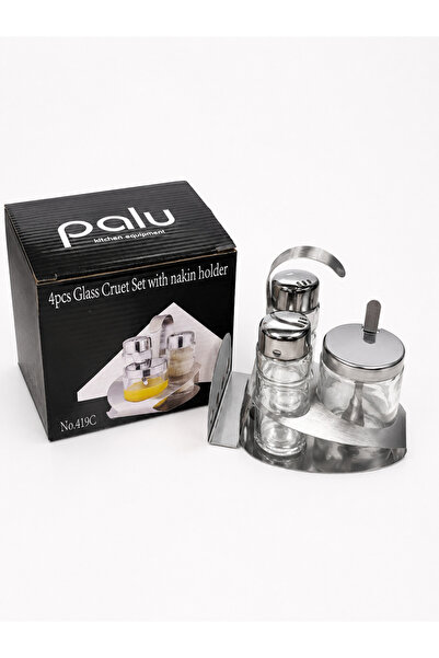 PALU Cam Tuzluk Biberlik Seti Sosluklu Peçetelikli Baharatlık